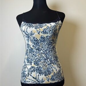 Jockey Sport Floral Tank Camisole Blue Cream Lace Trim Small